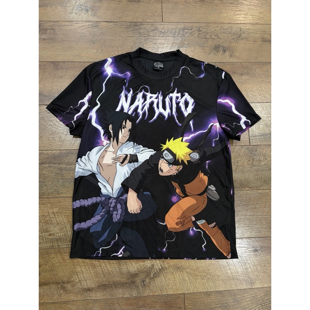 Vintage Naruto AOP Lightning Graphic Tee Jersey Black Medium Anime 2002